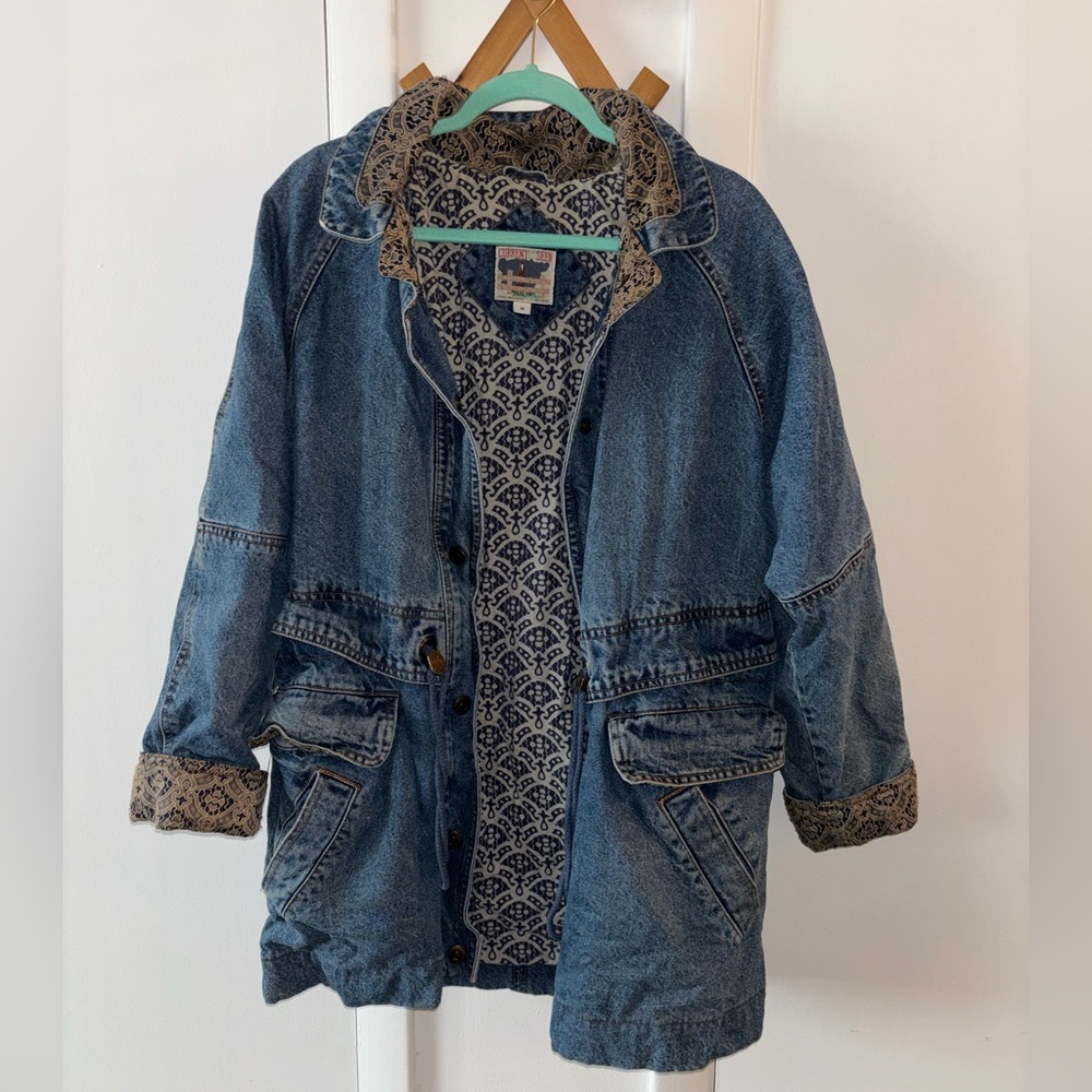 Vintage longline Denim Jacket with Patterned Lining
